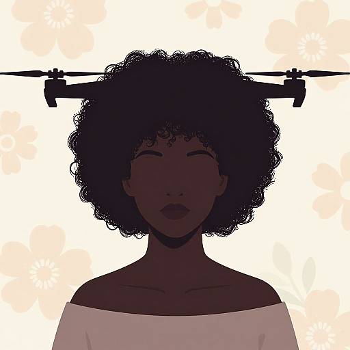 Digital silhouette of a dark-skinned woman with an afro, wearing an off-shoulder white top, with a drone flying above her head.