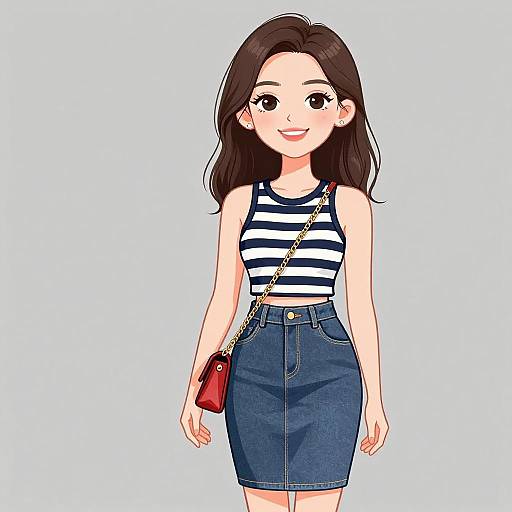 Digital anime-style drawing of a smiling young woman with long dark hair, wearing a striped tank top, blue high-waisted skirt, red crossbody