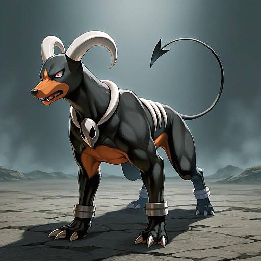 Illustration of Houndoom, pokemon in the style of Shiba itsuki