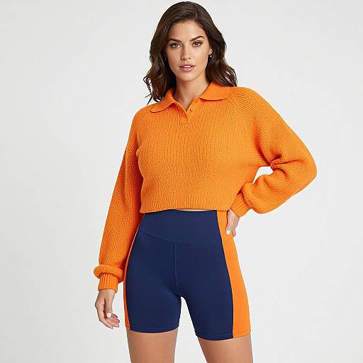 Photograph of a dark-haired woman with light skin, wearing an orange knit sweater and navy blue shorts with orange side panels.