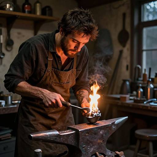 Photograph of a bearded blacksmith with messy hair, wearing a black apron, striking a glowing piece of metal with a hammer on an an
