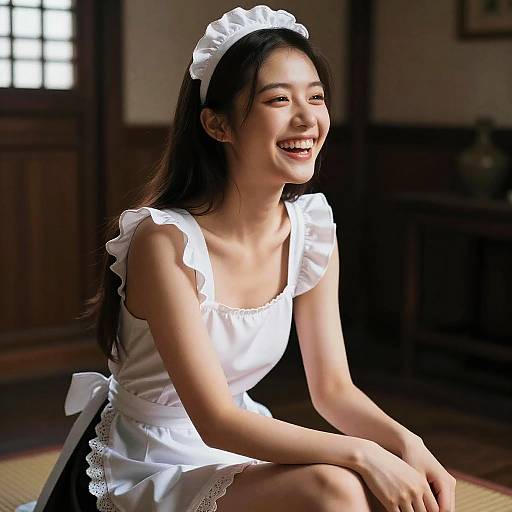 Photograph of a smiling Asian woman in a white French maid outfit with lace trim, sitting indoors, sunlight filtering through a window.