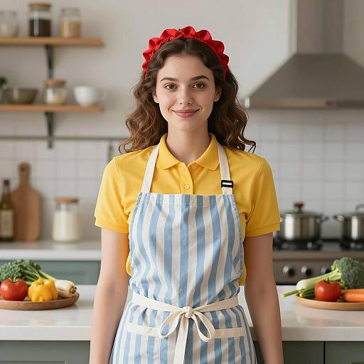 Young Woman in Lunch Lady Costume in Kitchen