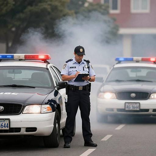 Focused Officer by Smoky Police Car
