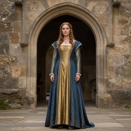 Photograph of a young woman in a golden gown with blue velvet sleeves, standing in front of a medieval stone archway.