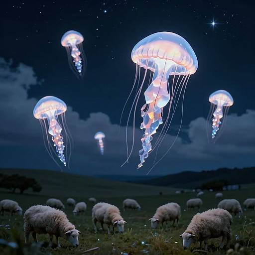 Photograph of glowing jellyfish hovering over a dark, starry night sky, with grazing sheep in a grassy field below.