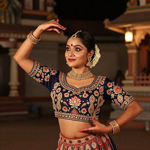 Photograph of a beautiful Indian woman in traditional attire, adorned with gold jewelry, intricate floral embroidery, and a flower hairpin, posing gracefully in a