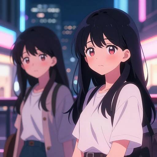 Blushing Anime Girls in Neon City