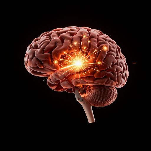 Digital illustration of a glowing red human brain with bright orange sparks emanating from its center, set against a black background.