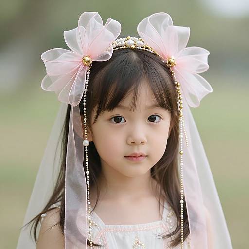 Photograph of an Asian toddler with long black hair, wearing a white dress, veil, and floral headpiece with pink flowers and pearls, against a