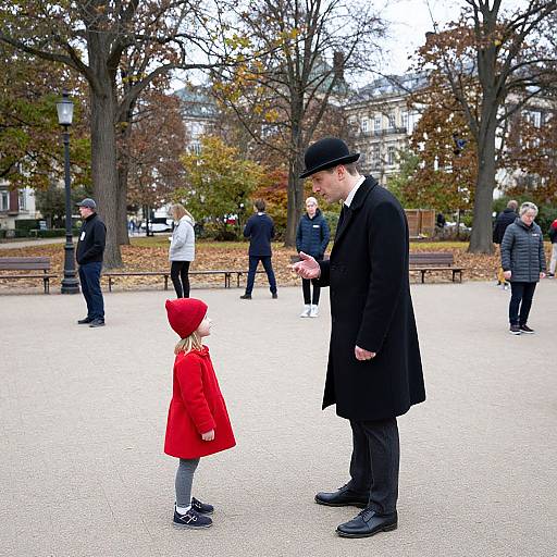 Photograph of a Victorian-style man in black coat and hat, standing in an autumn park, talking to a young girl in a red coat and hat
