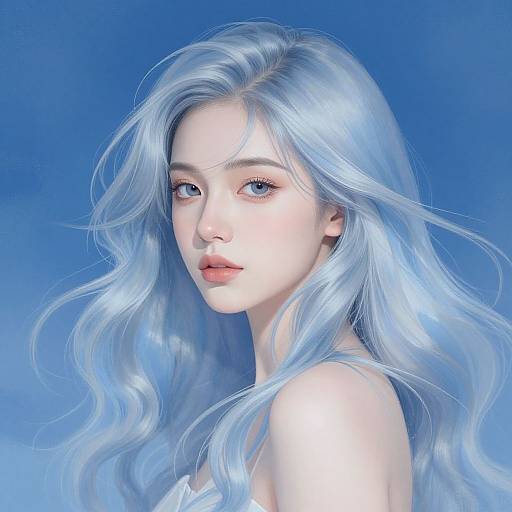 Digital artwork of a beautiful, pale-skinned woman with long, flowing blue-white hair and blue eyes, set against a bright blue gradient background. Her