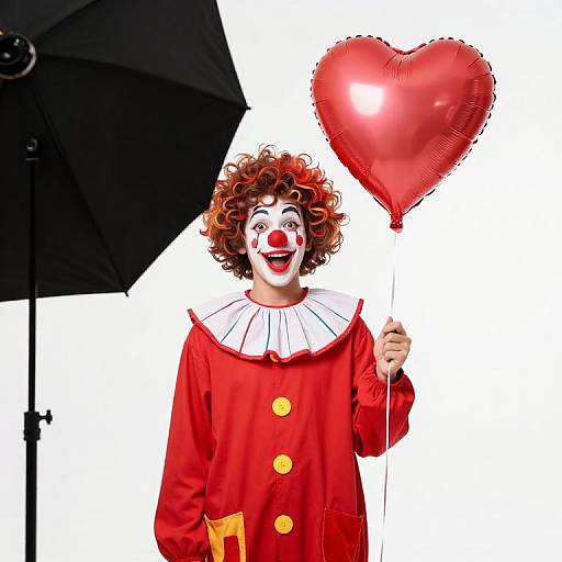 Photograph of a curly-haired clown in a red outfit, white ruffled collar, holding a red heart balloon, under a black umbrella.