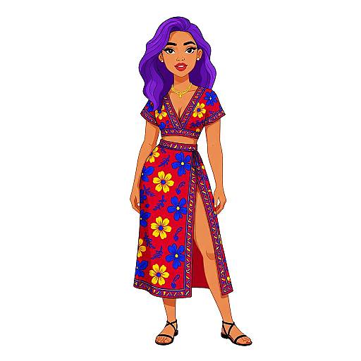 Digital illustration of a woman with purple hair, wearing a vibrant red and blue floral crop top and skirt with a thigh slit, black sandals, and gold