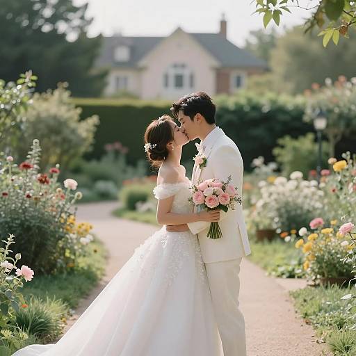 Couple Kissing in Garden Wedding