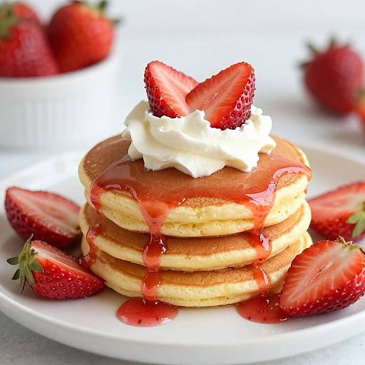 Photograph of a stack of golden-brown pancakes topped with whipped cream and sliced strawberries, drizzled with strawberry syrup, on a white plate.
