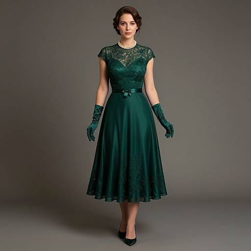 Photograph of a woman in a dark green, lace, knee-length dress with short sleeves, black gloves, and black heels, standing against a gray