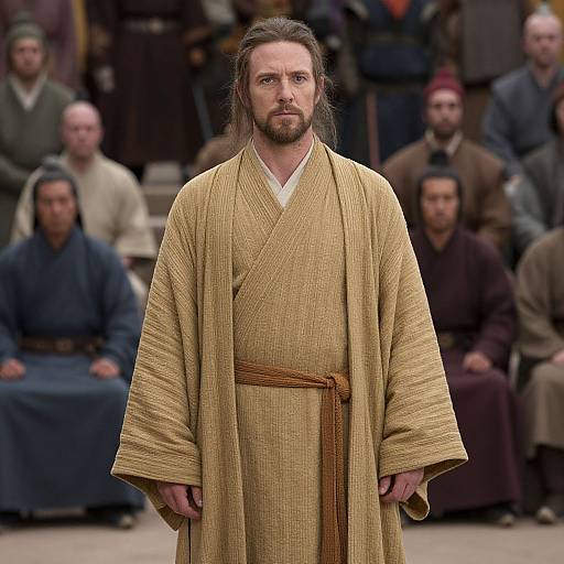 Photograph of a bearded man with long brown hair, wearing a tan, textured kimono with a brown belt, standing in front of a seated