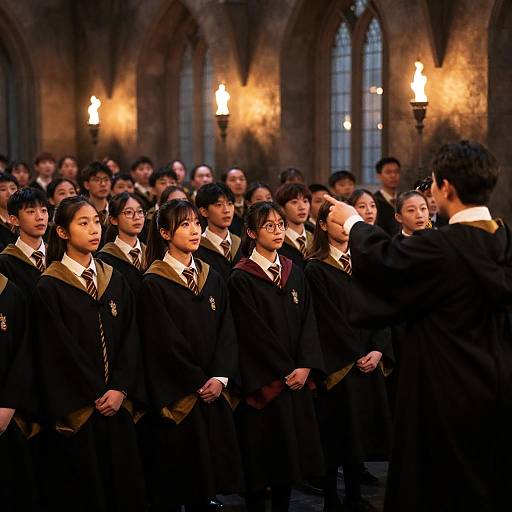 Hogwarts School Assembly in Magical Setting