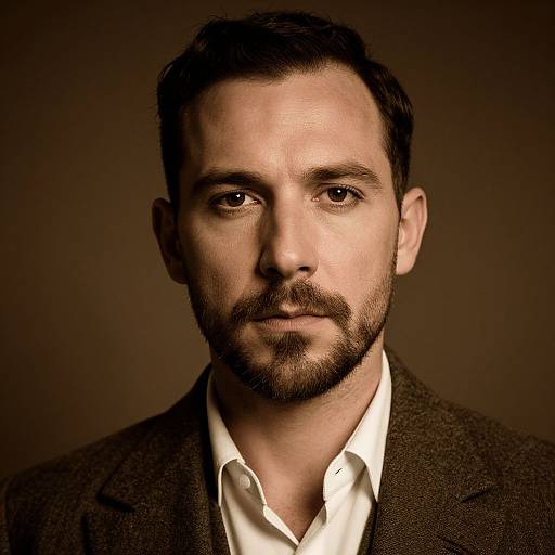 Photograph of a serious-looking man with short dark hair, beard, brown eyes, wearing a white shirt and brown blazer, against a dark brown