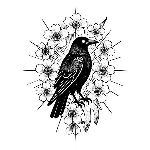 Symmetrical Crow and Sakura Hand Tattoo