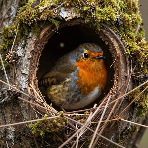 Photograph of a vibrant orange-breasted robin bird nestled in a mossy, circular bird nest within a tree trunk, surrounded by twigs and branches