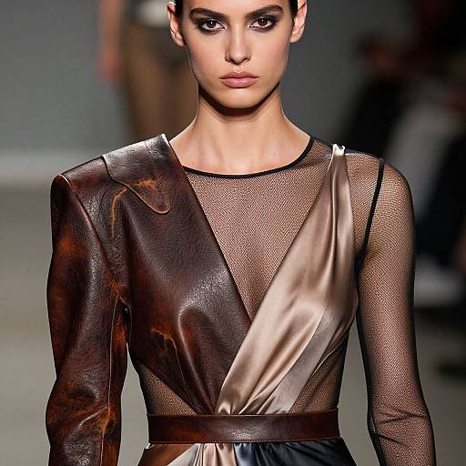 Photograph of a slender model with dark hair, wearing a sheer black mesh top with brown and silver leather accents, walking on a runway.