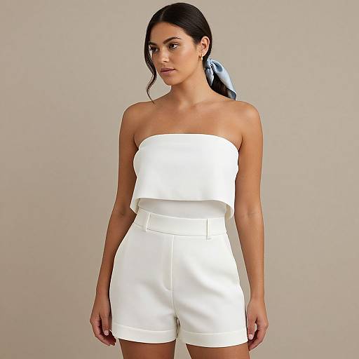 Photograph of a young woman with dark hair in a ponytail, wearing a strapless white top and high-waisted white shorts, standing against