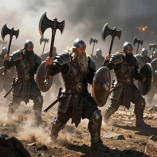 Photograph of Viking warriors in armor, wielding axes and shields, charging forward through dusty battlefield with sunlight and smoke in background.