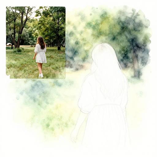 Photograph of a woman with long brown hair in a white dress, walking in a green, tree-filled park, partially obscured by a white, blurred