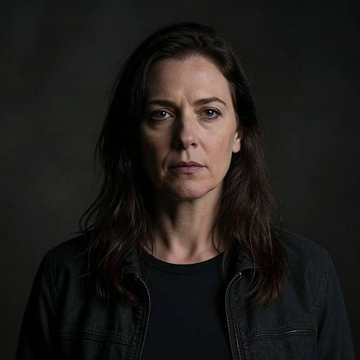 Photograph of a middle-aged woman with long dark hair, wearing a black denim jacket over a black shirt, against a dark background. She has a