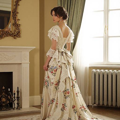 Photograph of a woman in an elegant, floral-patterned, lace-trimmed, 19th-century-style gown, standing in a sunlit