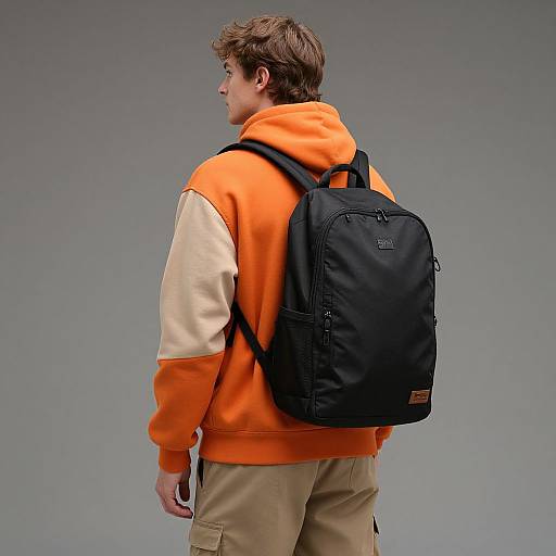 Man in Orange Hoodie with Backpack