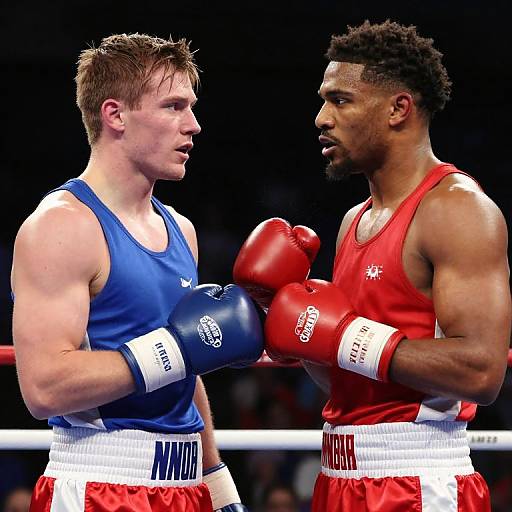 Photograph of two male boxers facing each other in the ring, one in blue and white, the other in red and white, both wearing gloves