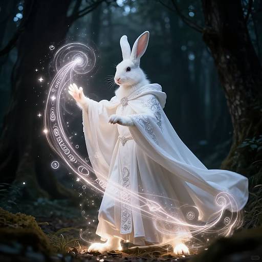 Digital artwork of a white rabbit in a flowing, ornate white robe, casting magical, glowing light circles in a dark forest.