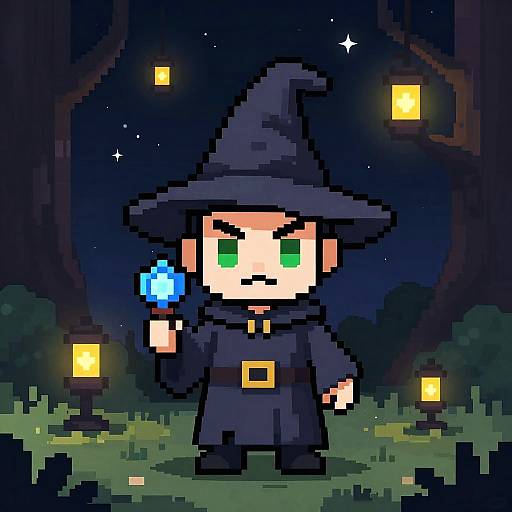 Pixel art of a green-eyed, chibi-style wizard with a black hat and cloak, holding a glowing blue crystal, standing in a night forest with