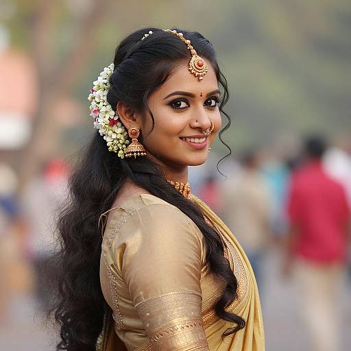 Photograph of a smiling Indian woman with long black hair, wearing a gold saree, white floral headpiece, gold jewelry, and nose ring,