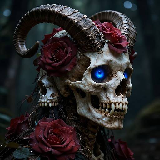 Photograph-style CGI of a skeletal face with glowing blue eyes, large curved horns, adorned with red roses, set in a dark, eerie forest.