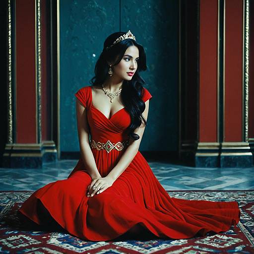 Photograph of a beautiful woman with long black hair, wearing a red gown, tiara, and jewelry, seated on an ornate rug in a