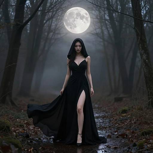 Elegant Woman in Black Gown Under Full Moon