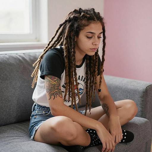 Young Woman with Dreadlocks on Couch