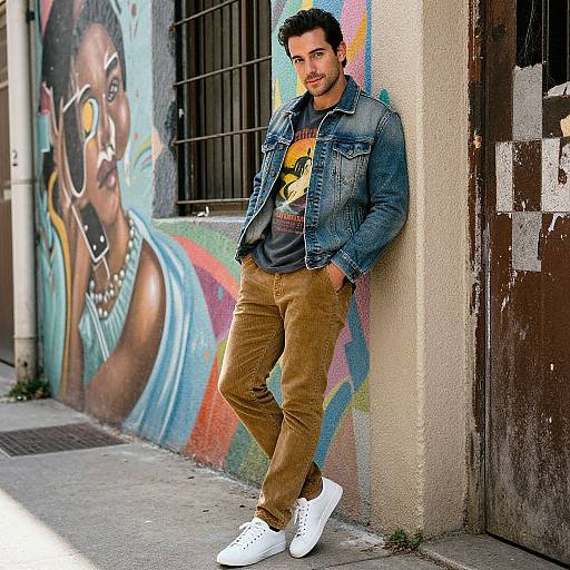 Photograph of a casual, handsome man with dark hair, wearing a denim jacket, graphic tee, brown pants, and white sneakers, leaning against a