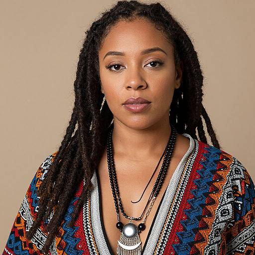Photograph of a Black woman with long dreadlocks, wearing a colorful, patterned top, layered necklaces, and hoop earrings, against a beige