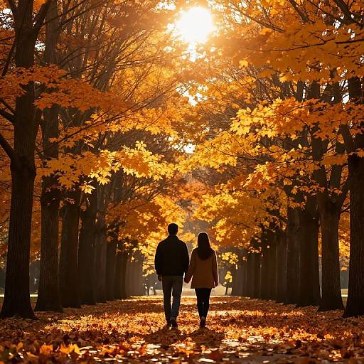 Silhouetted couple walks hand-in-hand through a sunlit autumn forest, surrounded by vibrant orange and yellow leaves, with sunlight filtering through the trees