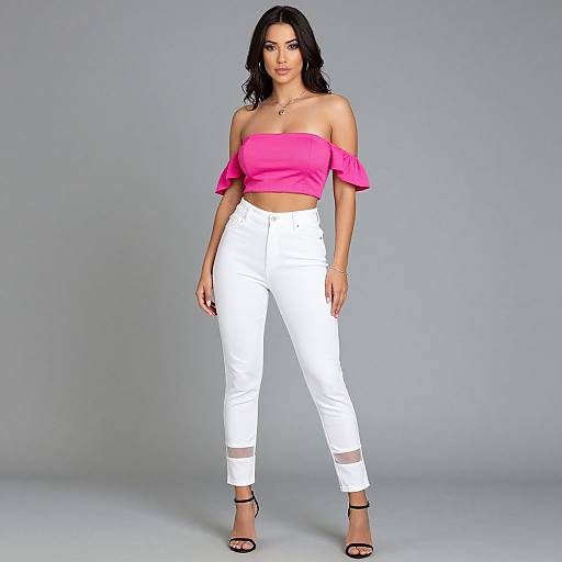 Photograph of a woman with long black hair, wearing a bright pink off-shoulder top, white high-waisted pants, and black sandals