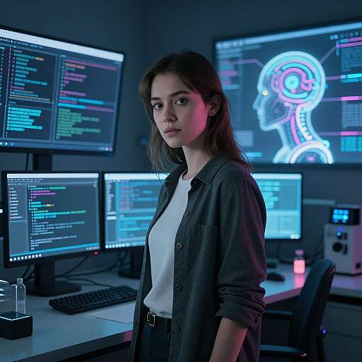 Photorealistic CGI of a young woman with long brown hair in a dark shirt and white top, standing in a neon-lit, tech-filled room