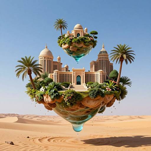 Digital artwork of futuristic desert oasis: floating city with domes, palm trees, lush greenery, and blue glass supports, set against a clear blue