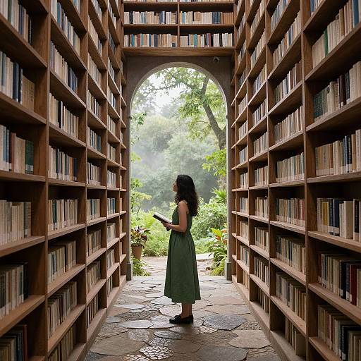 Photograph of a woman with dark hair in a green dress, standing in a narrow library aisle, holding a book, facing an arched window view