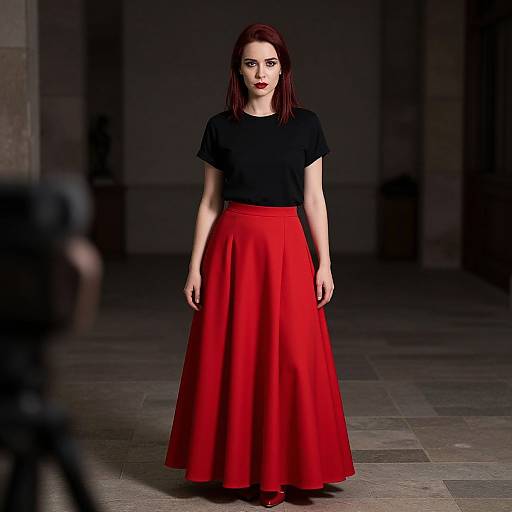 Photograph of a pale-skinned, red-haired woman in a black top and vibrant red skirt, standing confidently in a dimly lit, stone-f