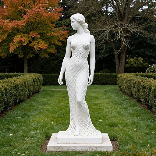 Photograph of a white, intricate-patterned statue of a classical woman in a gown, standing on a grassy path with autumn-colored trees and trimmed